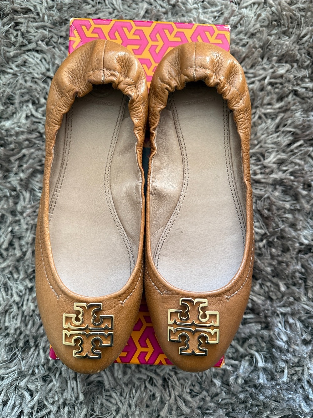 Tory Burch Tan Leather Logo Ballet Flats